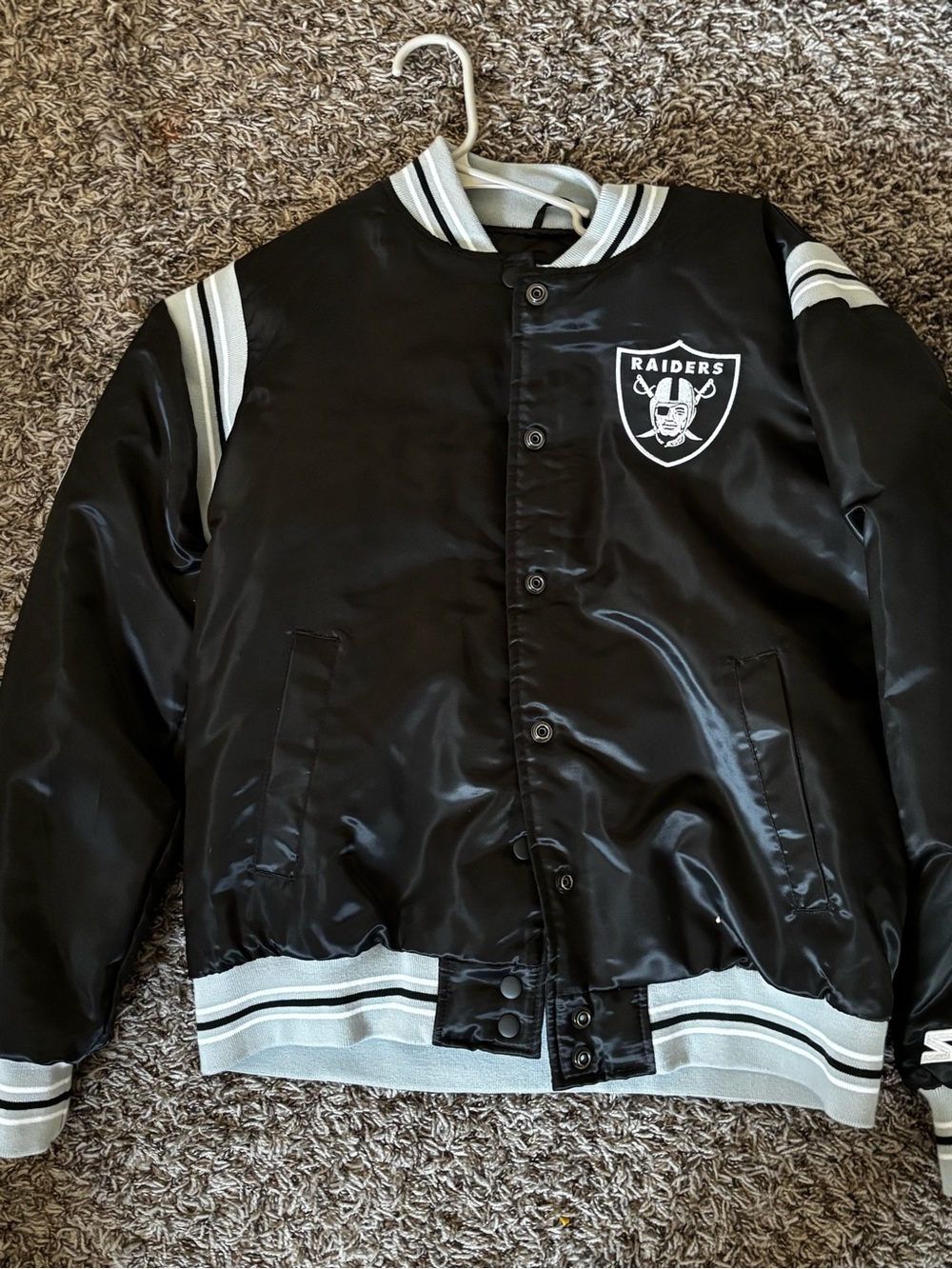 STARTER Black and White Raiders Satin-Style Varsity Jacket